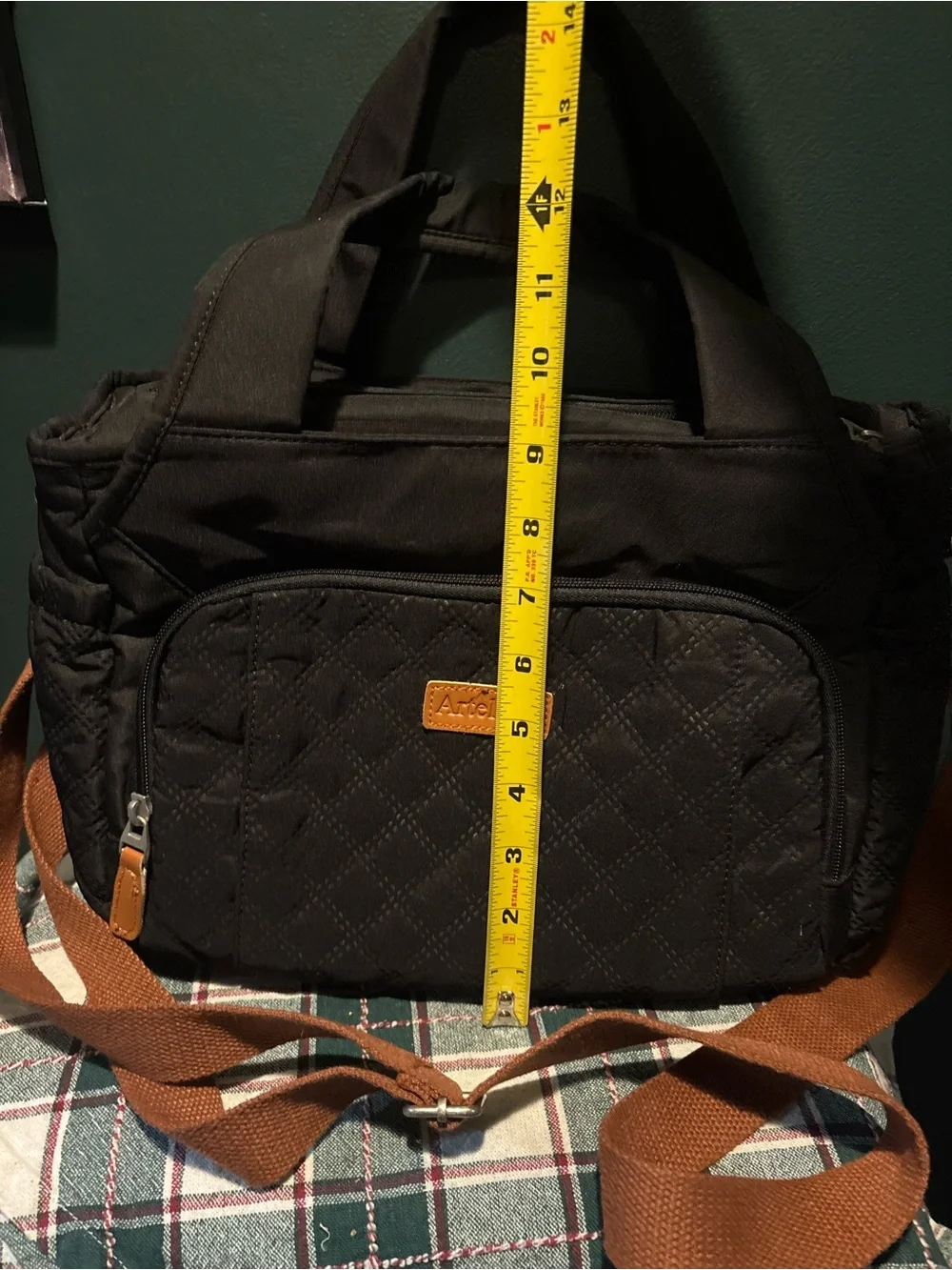 Black Quilted Insulated Lunch Bag with Brown Adjustable Strap 7 pockets